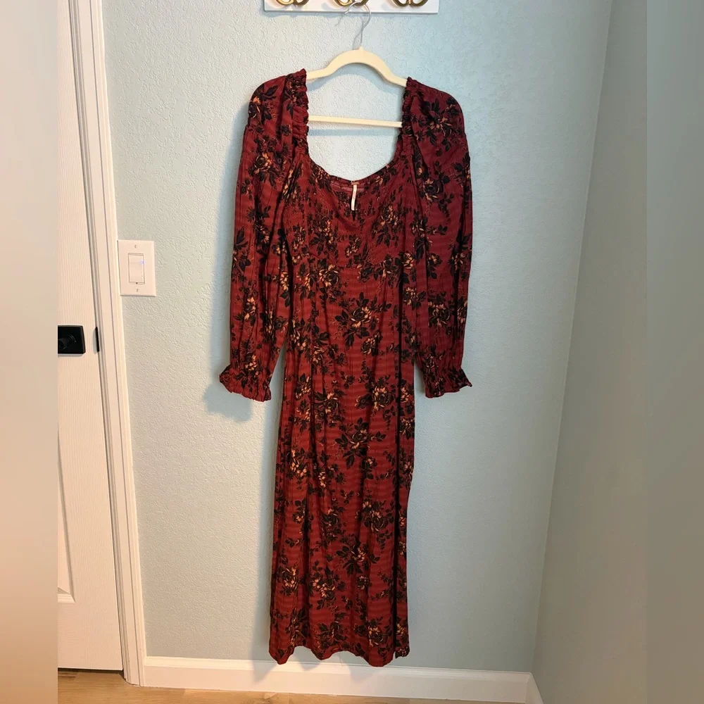Free People Smocked Floral Midi Dress Rust Red Boho Long Sleeve Size S - Picture 3 of 8